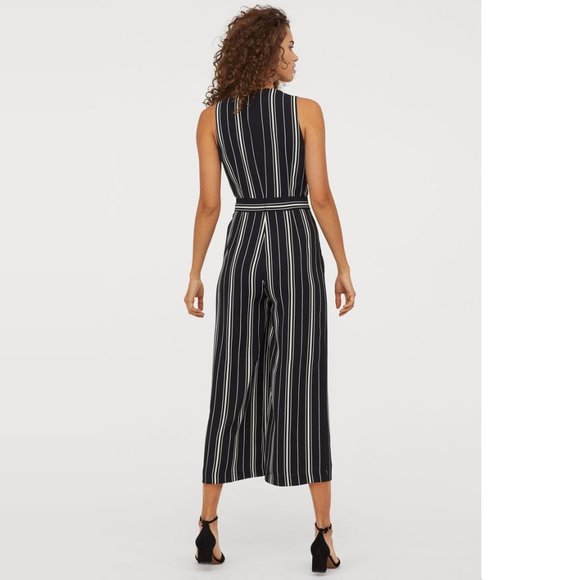 H&M Tie-belt Jumpsuit Black/white striped - Picture 2 of 4